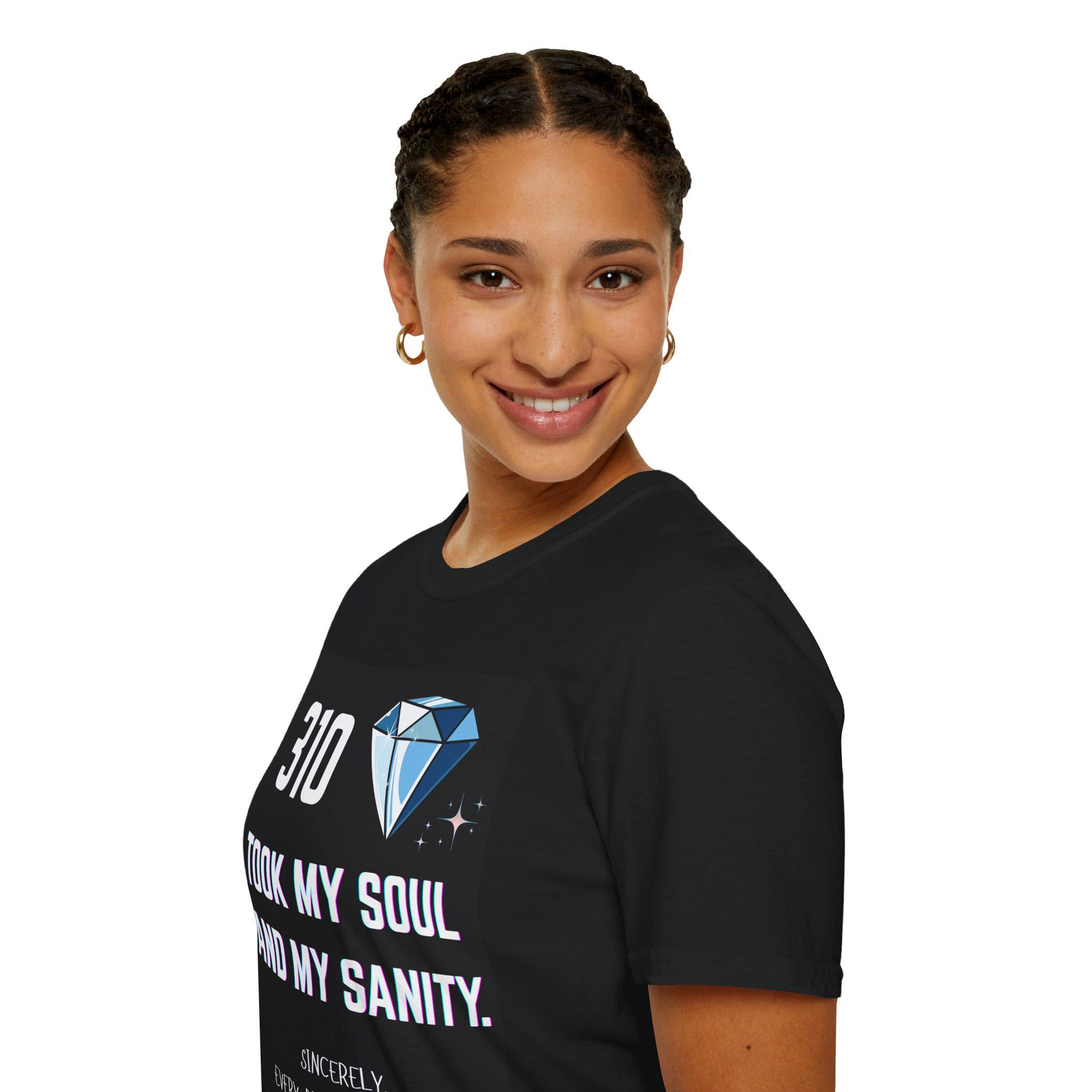 Person wearing a black t-shirt with text and a diamond graphic on a white background