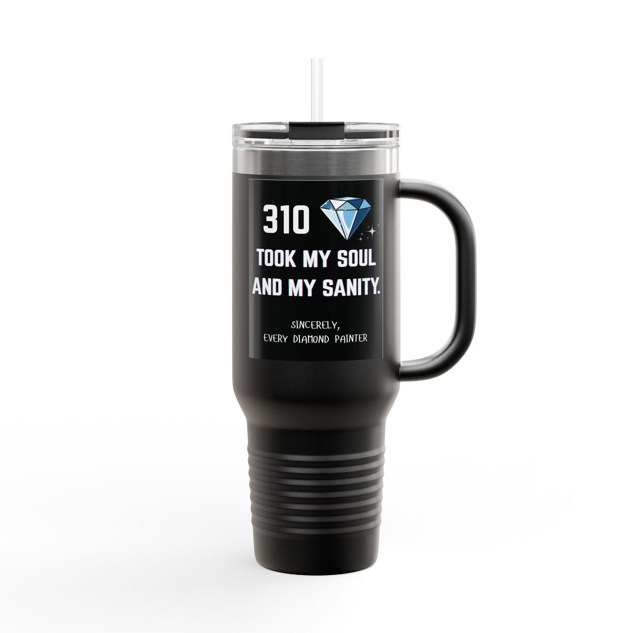 Black travel mug with text and a diamond graphic on a white background