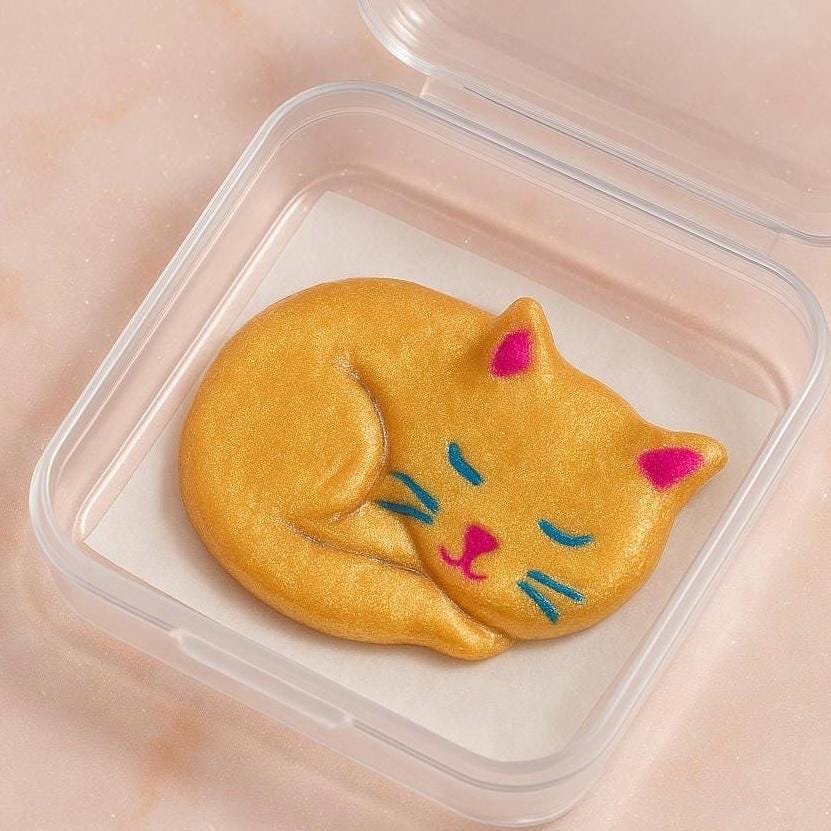 Cat-shaped cookie in a clear container on a pink background