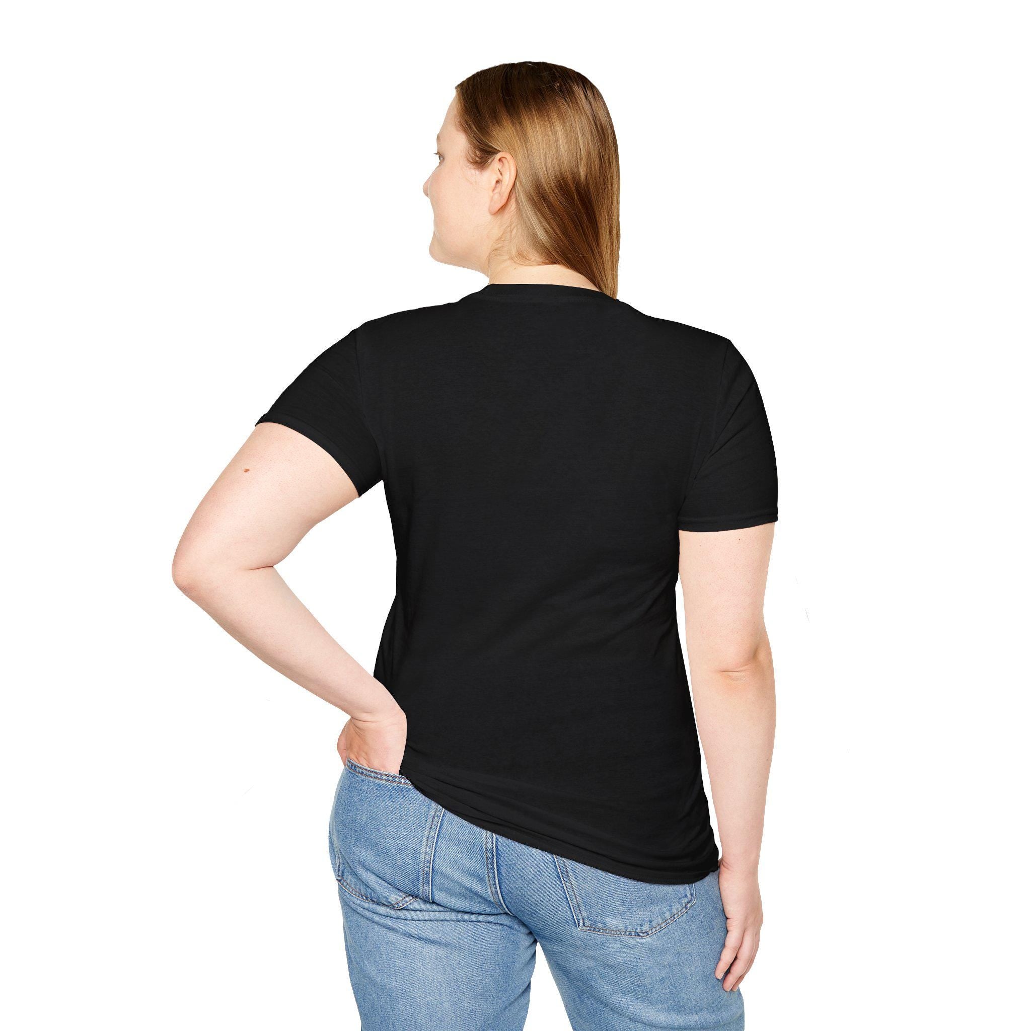 Person wearing a black t-shirt and blue jeans on a white background