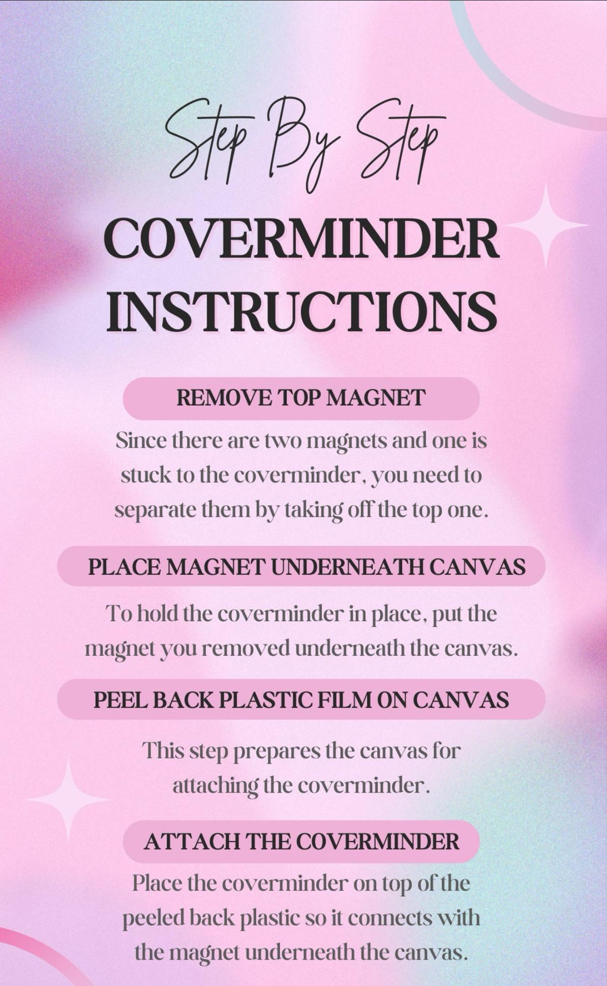 Coverminder instructions on a pink and blue gradient background