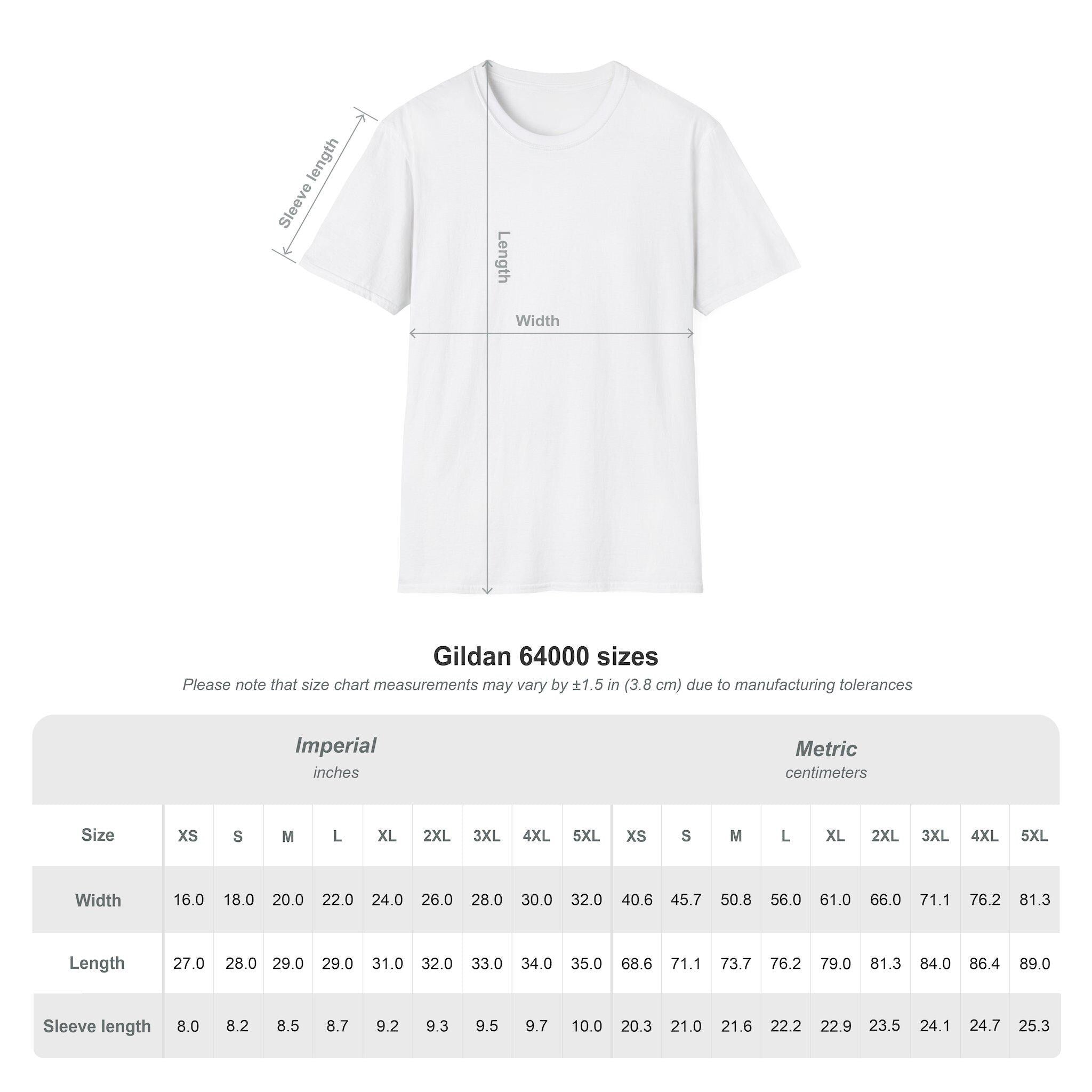 White t-shirt with size chart on a white background