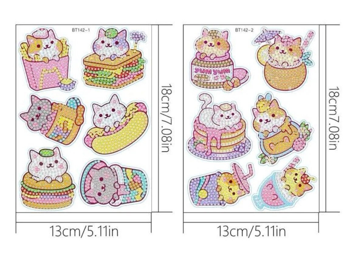 Set of cute cat-themed stickers with dimensions displayed