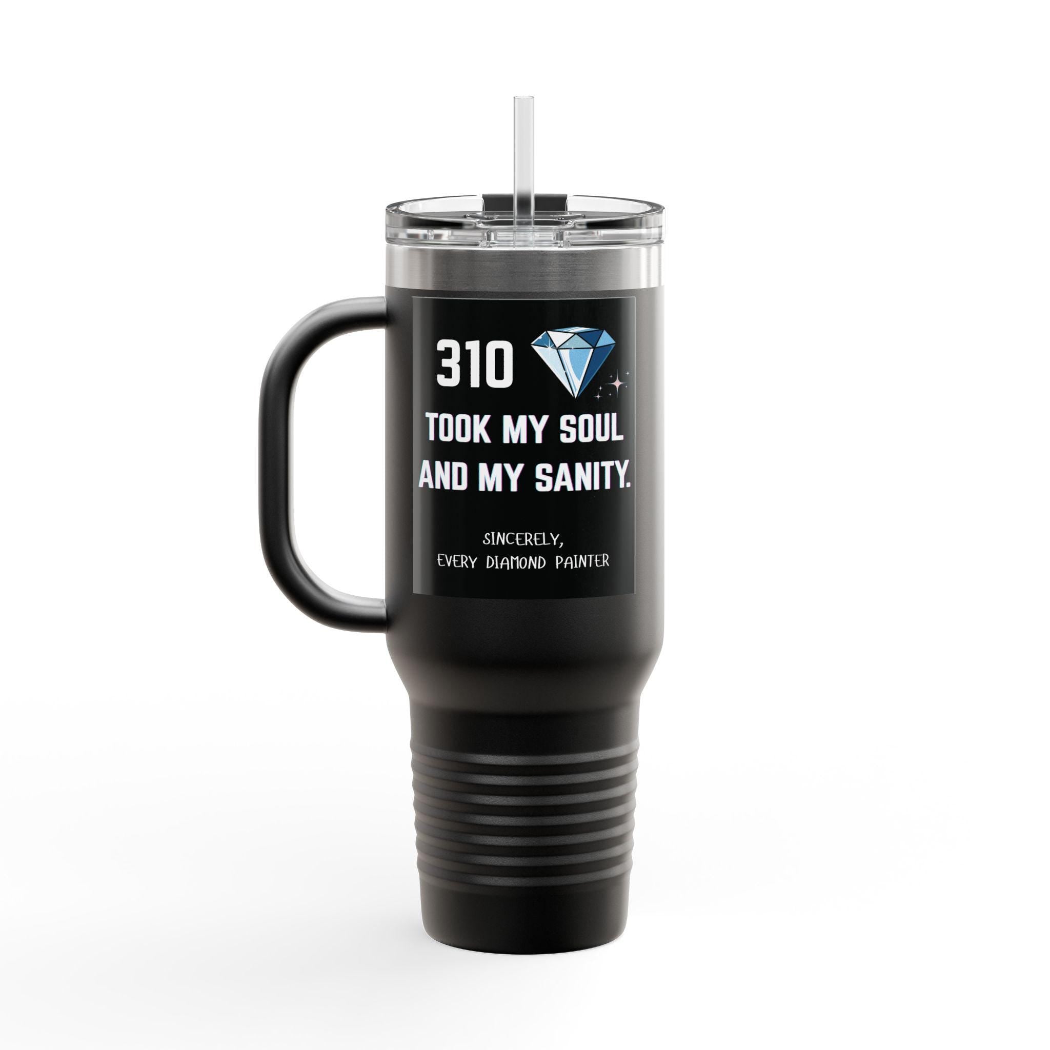 Black travel mug with text and a diamond graphic on a white background