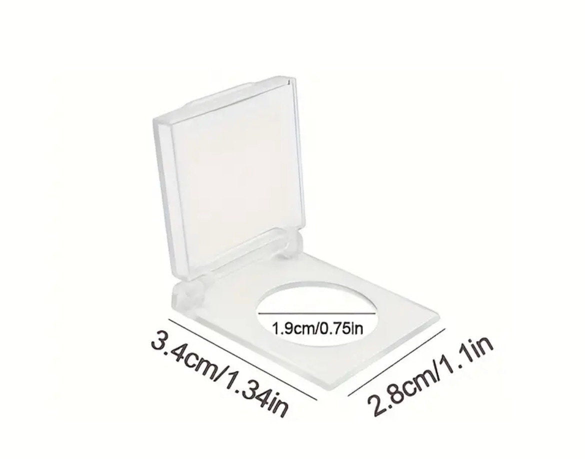 Clear plastic jewelry display box with dimensions on a white background