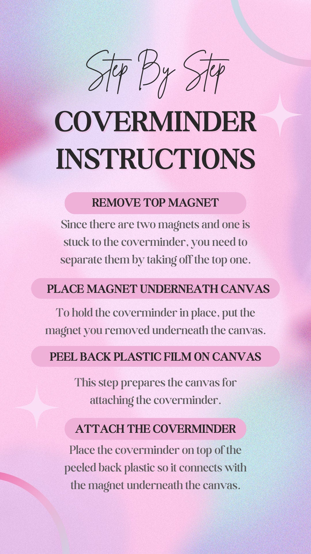 Coverminder installation instructions on a pink and purple gradient background