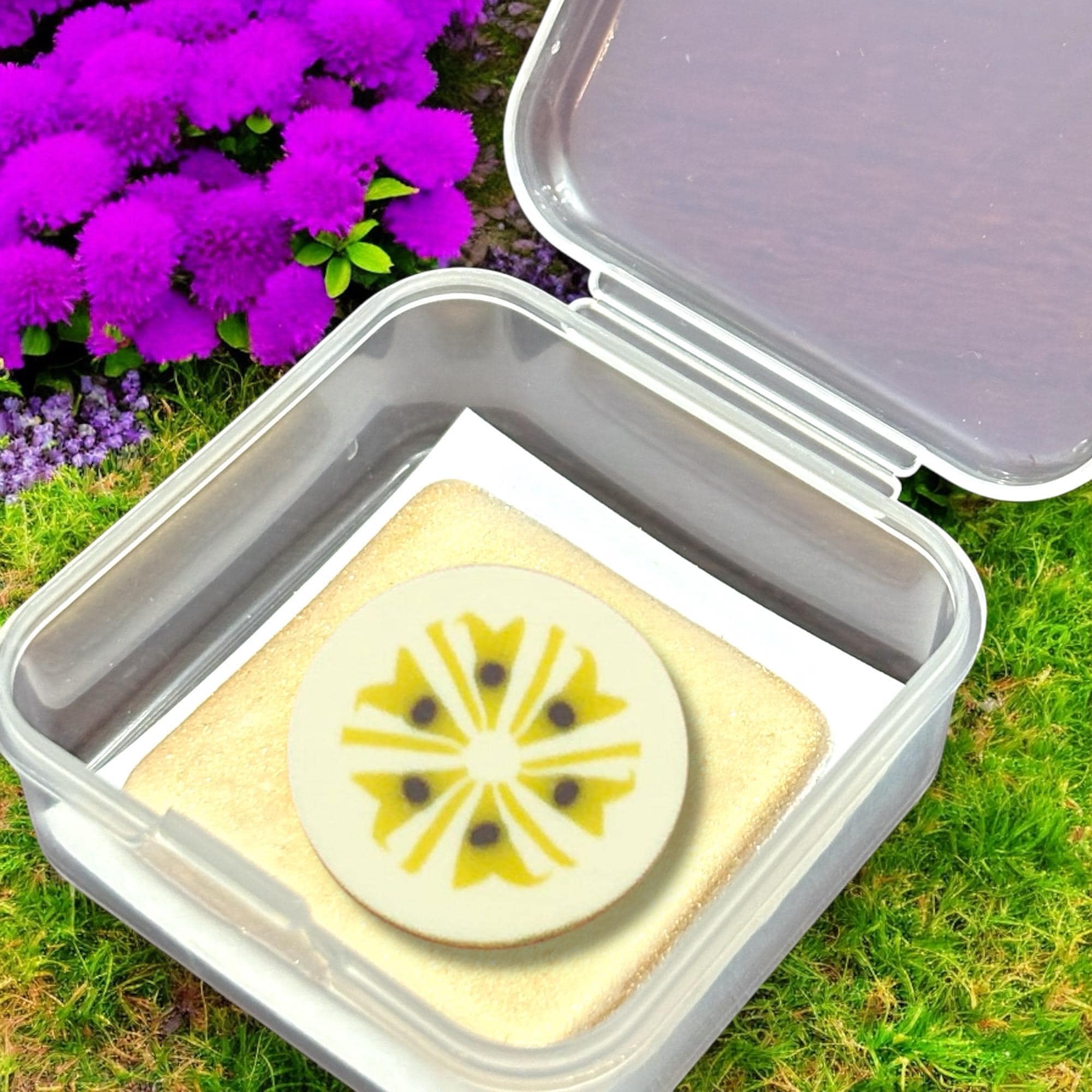 Bento box with a cookie on a grassy background with purple flowers