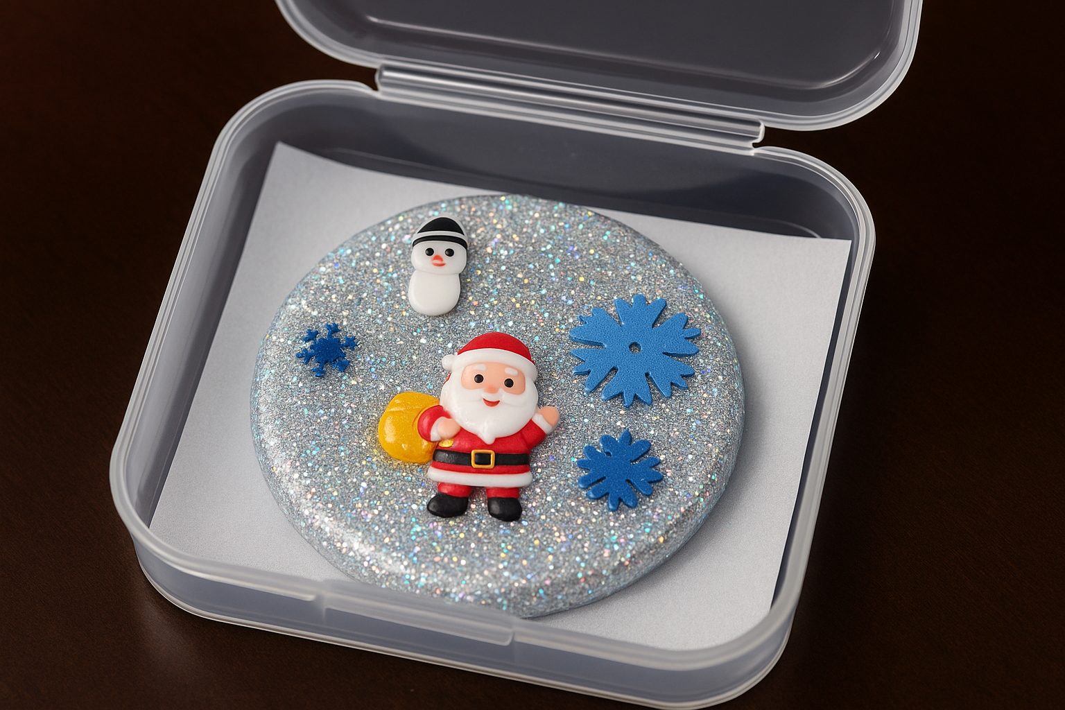 Decorative Christmas ornament with Santa Claus and snowflakes in a clear container on a dark background