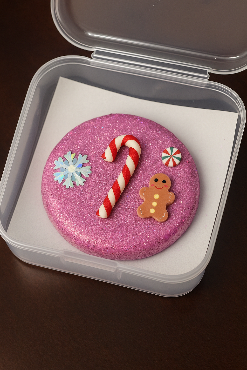 Pink glittery ornament with candy cane, snowflake, and gingerbread man decorations in a clear container.