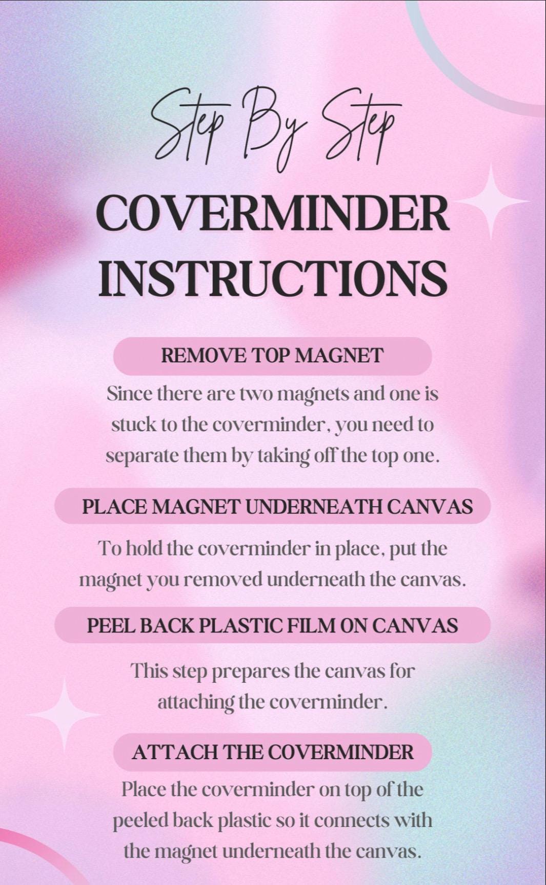 Coverminder instructions card with step-by-step guide on a pink and purple gradient background