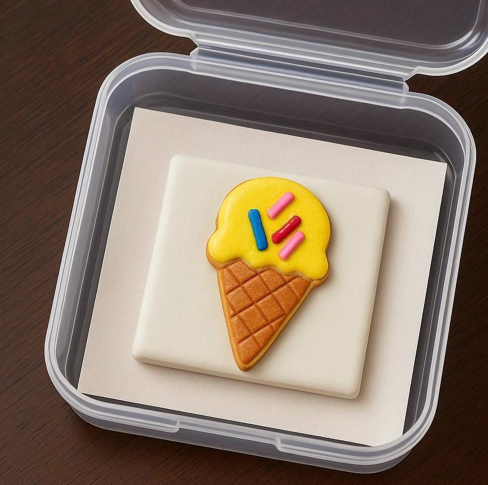 Ice cream cone cookie with colorful sprinkles on a square piece of fondant in a clear container.
