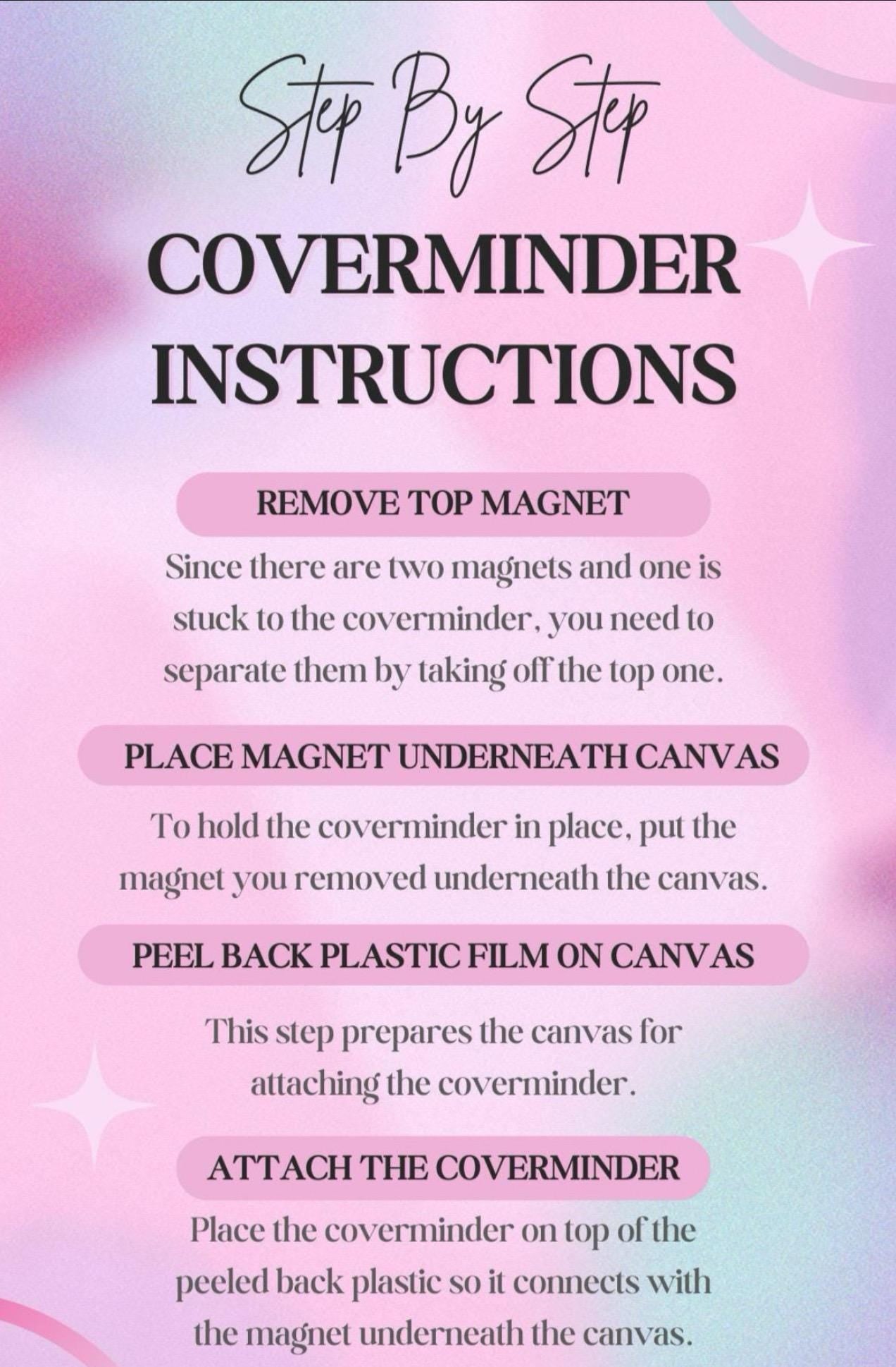 Coverminder instructions on a pink and purple gradient background